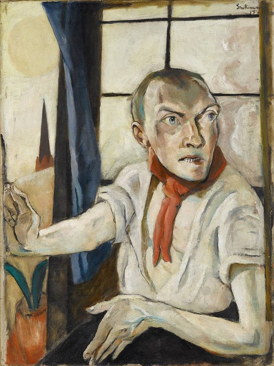 Beckmann's Self-Portrait with Red Scarf: the artist, gaunt and staring, turns from a window in a white shirt with a red scarf at his neck.