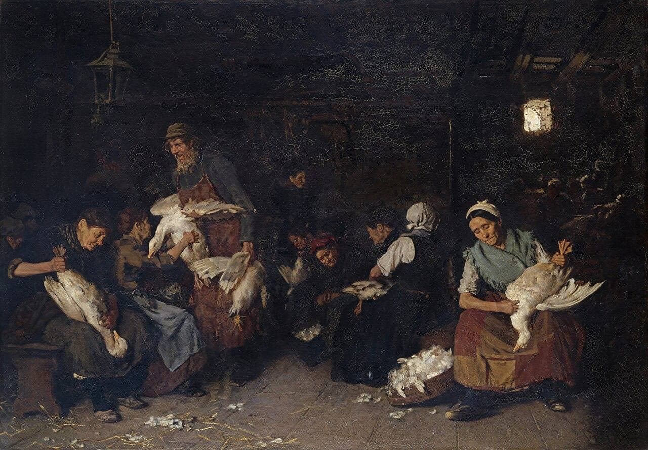 Liebermann's Women Plucking Geese: women plucking geese in a dim barn, with feathers drifting around them.