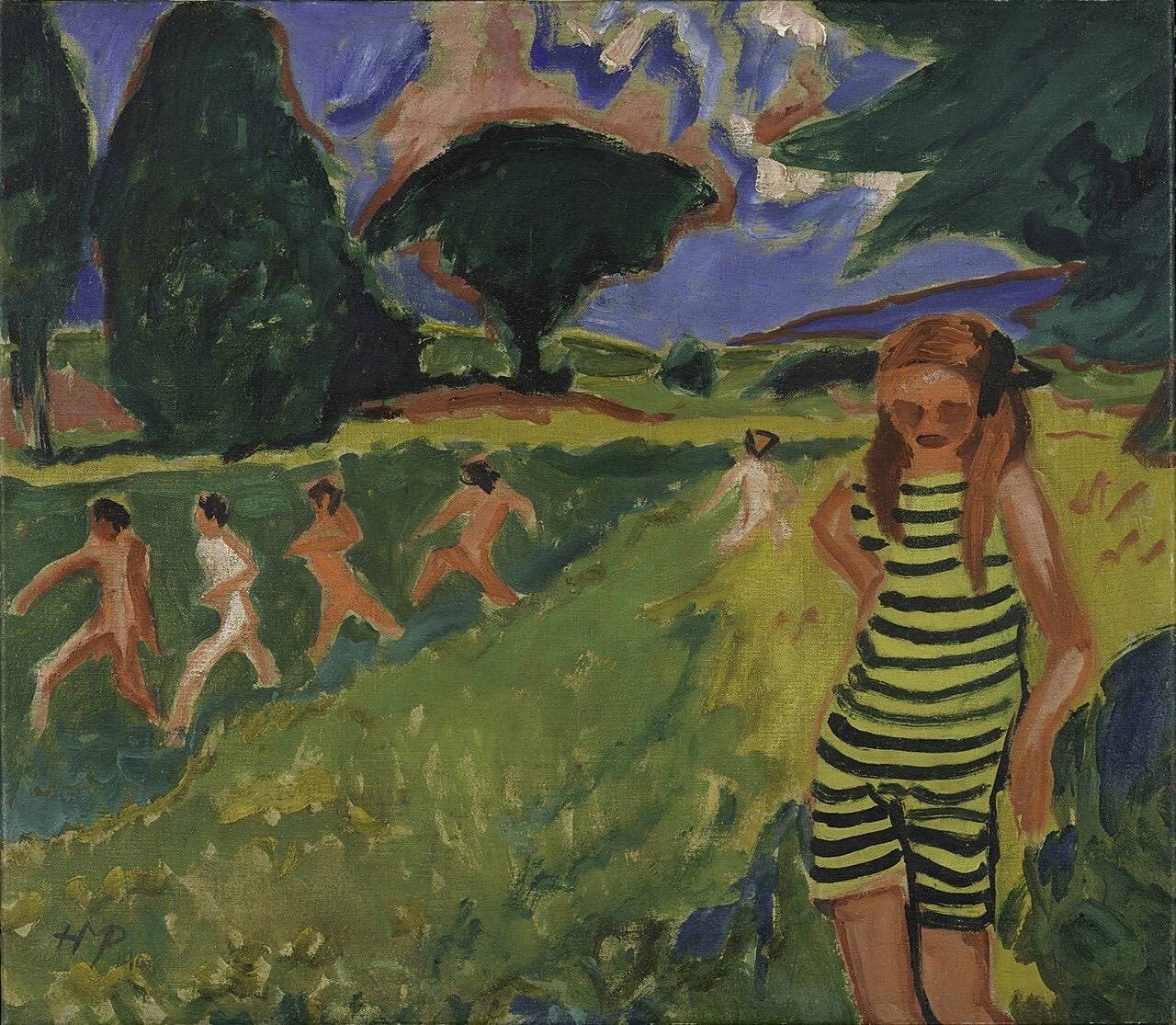 Pechstein's The Yellow-Black Swimsuit: a woman in a striped swimsuit stands in a green meadow, with bathers running among the trees behind.