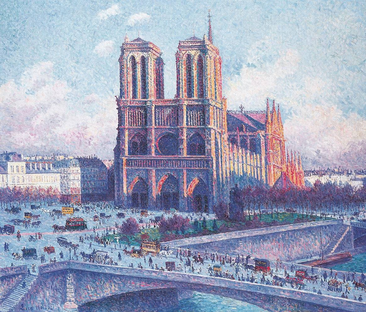 Luce's Notre-Dame, seen from the Quai Saint-Michel: the cathedral in pink and blue light beyond a busy bridge over the Seine.
