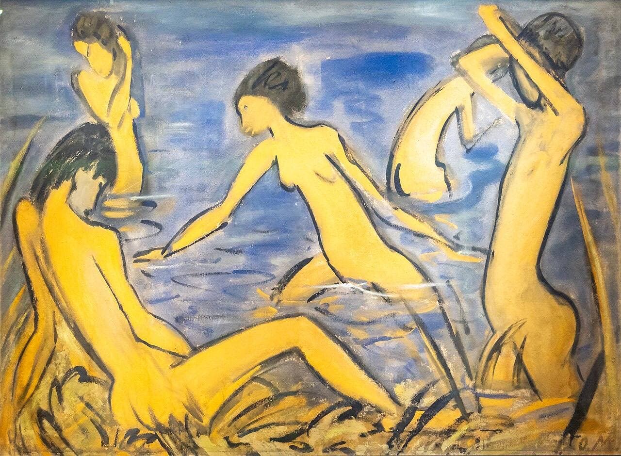 Mueller's Bathers: three slender yellow figures bathing among reeds by blue water.