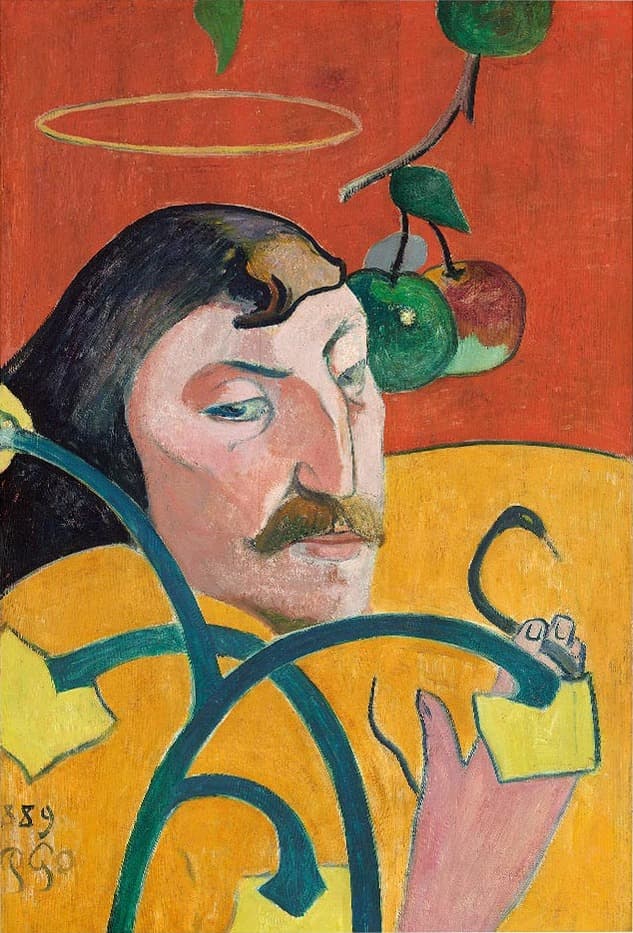 Gauguin's Self-portrait with Halo and Snake, 1889: the artist in profile against a red ground, with a halo above his head and apples hanging beside him.