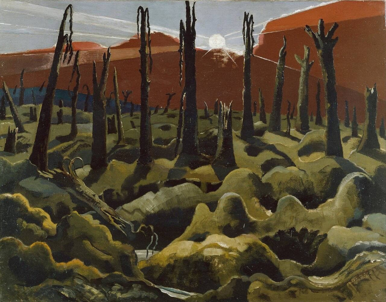 Nash's We Are Making a New World: a ruined First World War battlefield of shattered trees and churned mud under a blood-red sky.