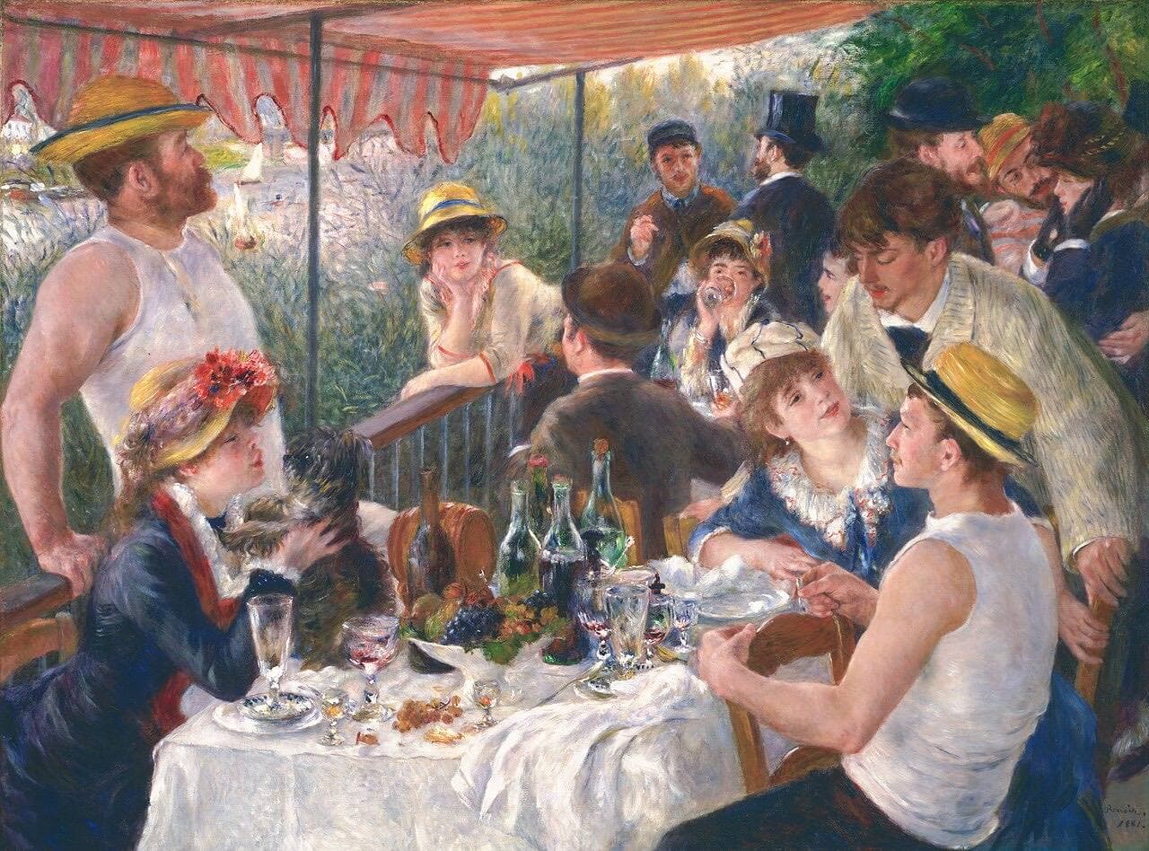 Renoir's Luncheon of the Boating Party: friends eating, drinking and talking on a restaurant balcony over the Seine, under a striped awning.