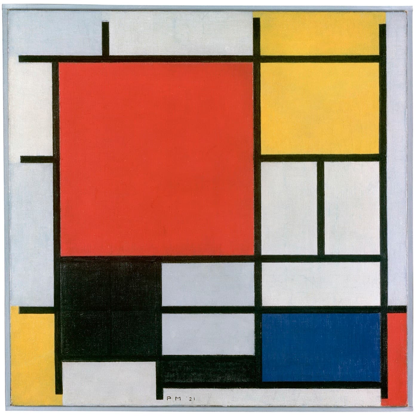 Mondrian's Composition with Large Red Plane, 1921: black lines dividing a white ground into a large red square and smaller blocks of yellow, black, grey and blue.
