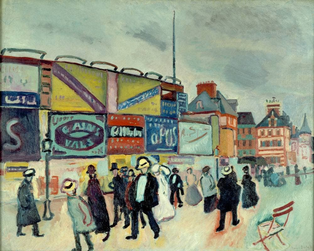 Dufy's Posters at Trouville: a seaside promenade lined with billboards, with strollers in the foreground.