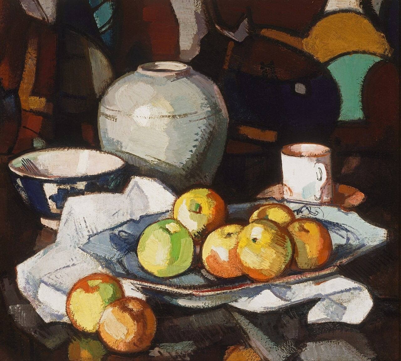 Peploe's Still Life: Apples and Jar: green and red apples on a blue-and-white dish beside a white jar and a cup.