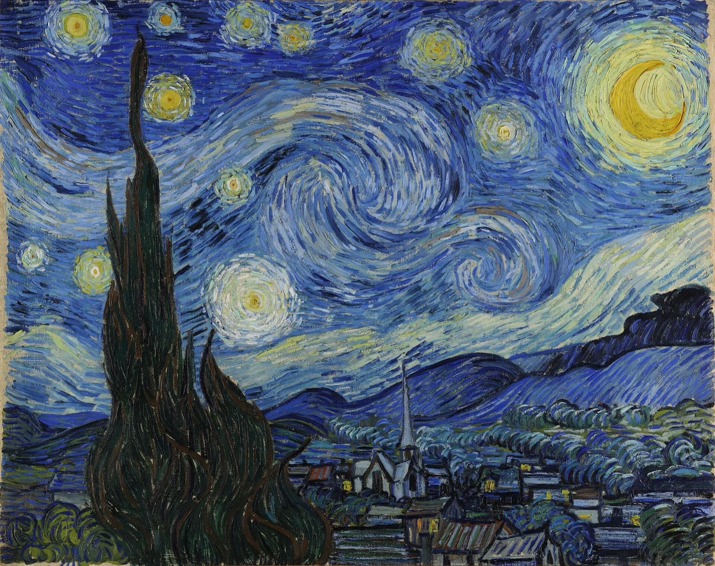 Van Gogh's The Starry Night, 1889: a swirling night sky of stars and a crescent moon over a sleeping village, with a dark cypress rising on the left.