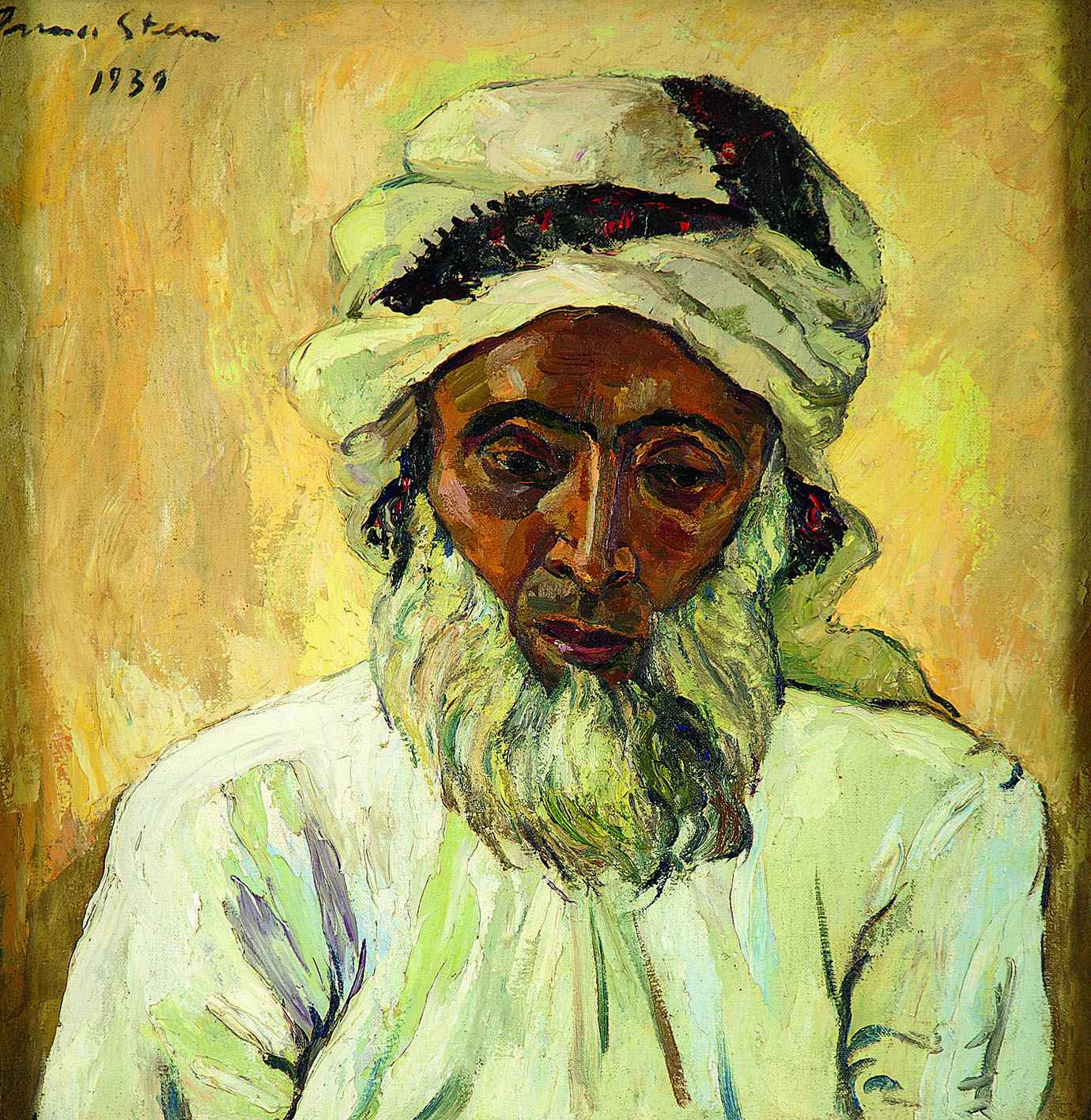 Irma Stern's Arabier: a bearded man in a white turban and robe, head bowed, painted in loose strokes against an ochre ground