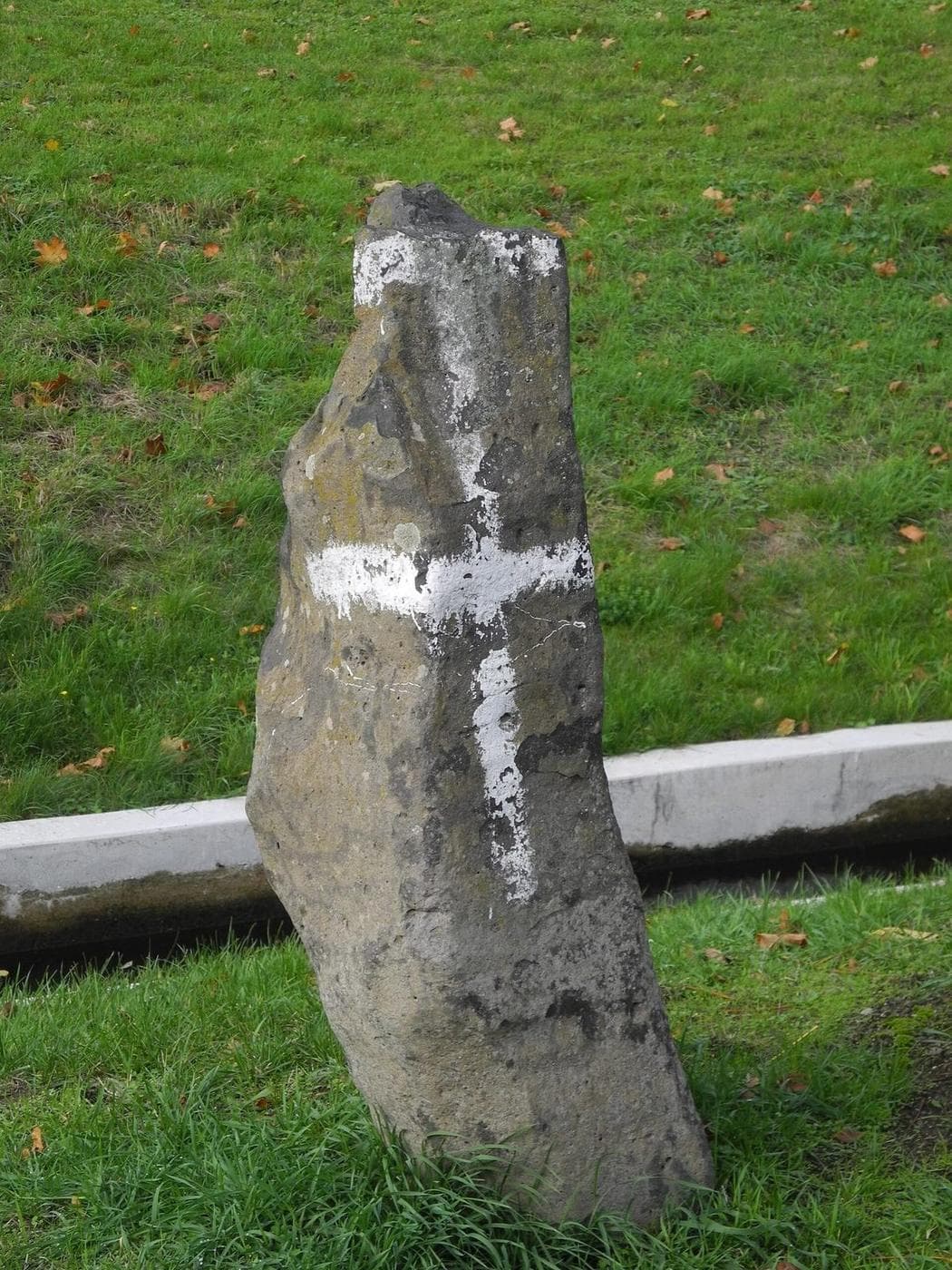 A rough basalt column, marked with white paint, standing in the grass by a kerb in Kassel, one of the stones of Joseph Beuys's 7000 Oaks.
