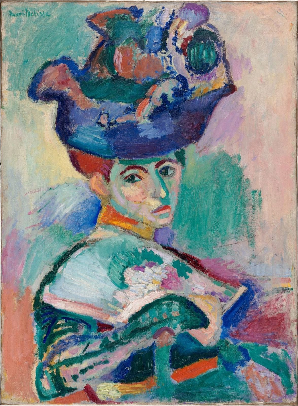 Matisse's Woman with a Hat, 1905: his wife Amélie in a huge hat, her face and dress painted in patches of green, violet, orange and blue.
