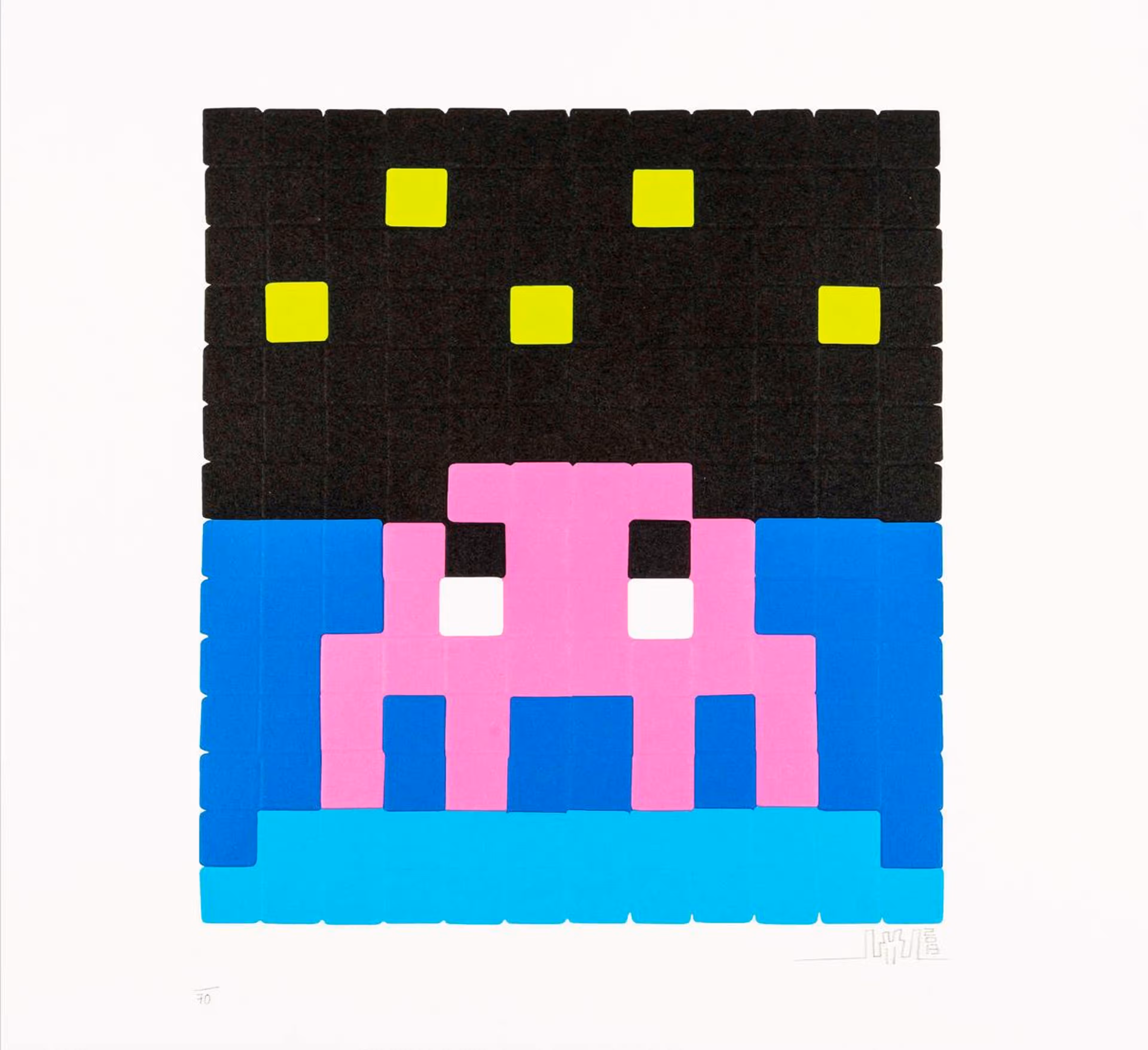 An Invader screenprint: a pink pixelated invader standing in blue water beneath a black sky, pencil signed and numbered in the margin.