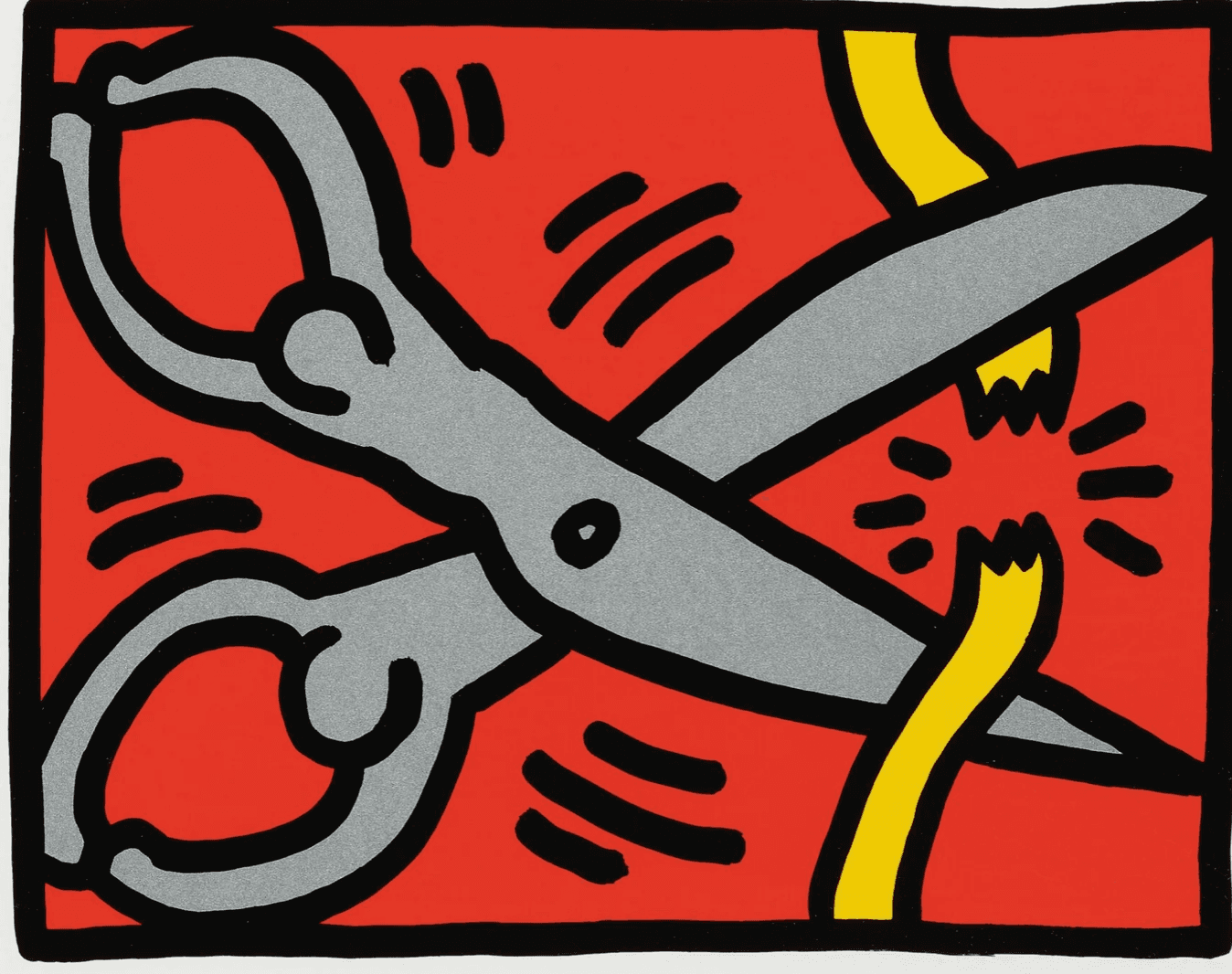 Keith Haring screenprint: a pair of scissors cutting a yellow band on a red ground, drawn in heavy black outline