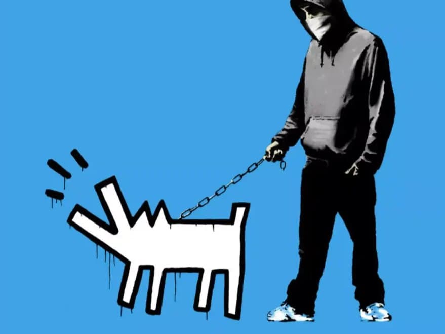 Banksy screenprint of a hooded figure walking a graffiti dog on a chain