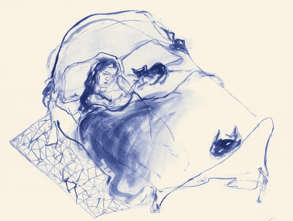 Blue ink lithograph of a reclining figure with cats on a bed