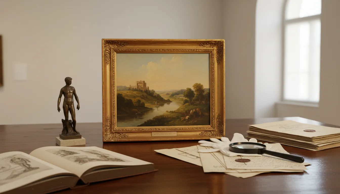 A gilt-framed landscape painting on a table, beside an open reference book, cotton gloves, a magnifying glass and handwritten papers with wax seals