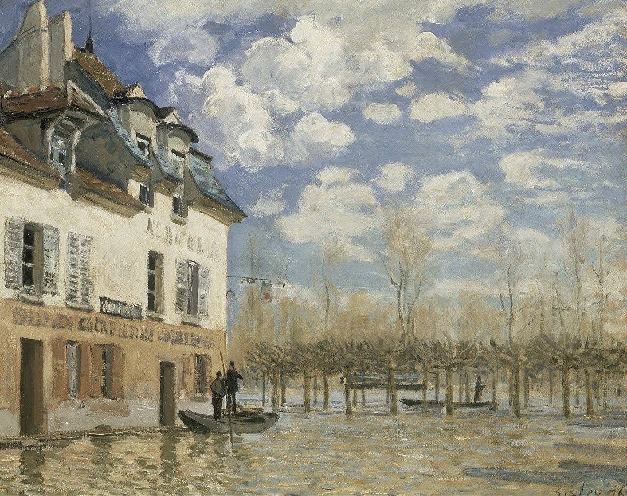 Sisley's Boat in the Flood at Port-Marly: a flooded village street, with a small boat moored outside an inn under a cloudy sky.