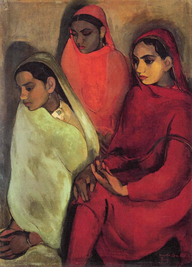 Sher-Gil's Group of Three Girls: three young Indian women in red, green and ochre sit close together, gazing down.