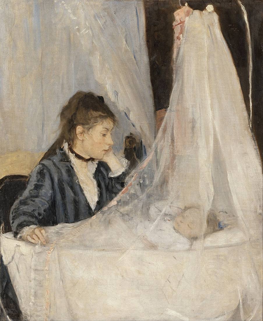 Morisot's The Cradle: a young woman watches over a sleeping baby in a cradle draped with white muslin.