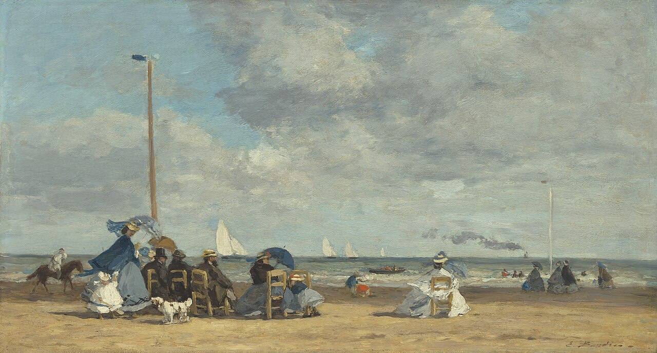 Boudin's Beach at Trouville: holidaymakers in crinolines on the sand, under a wide grey and white sky.
