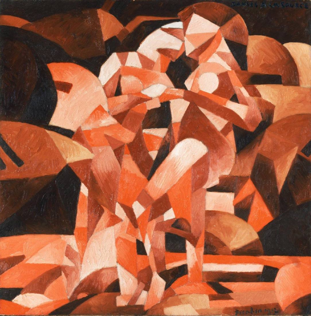 Picabia's Dances at the Spring: two dancing figures broken into angular, interlocking planes of pink, orange and brown.