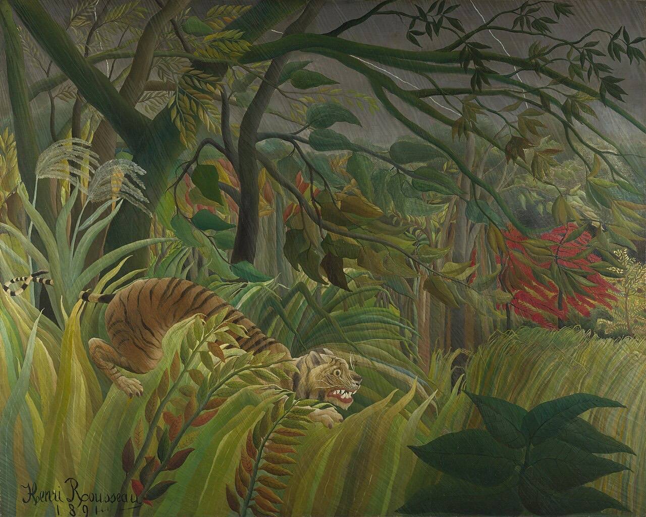 Rousseau's Surprised!: a tiger crouches in a dense jungle of leaves and grasses bent by a storm, under a grey sky streaked with lightning.