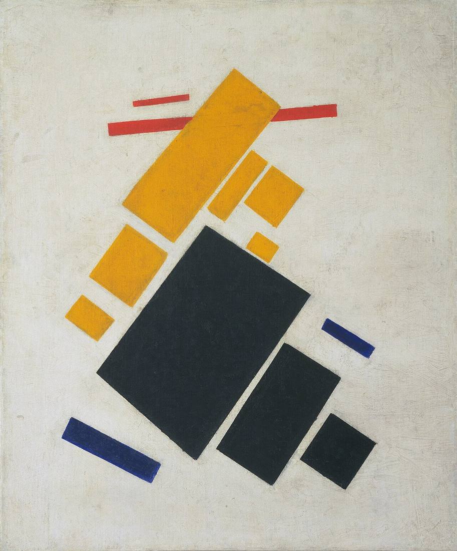 Malevich's Suprematist Composition: Airplane Flying: black, yellow, red and blue rectangles and bars floating diagonally on a white ground.