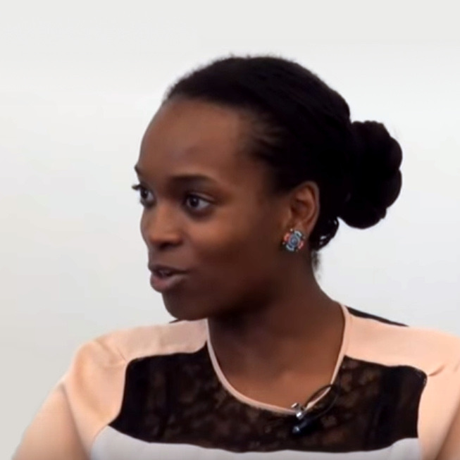 Njideka Akunyili Crosby speaking during an interview, her hair tied up