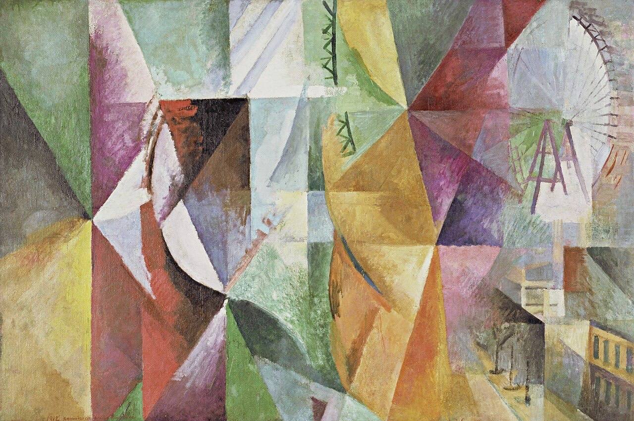 Delaunay's The Three Windows, the Tower and the Wheel: overlapping translucent planes of colour, with glimpses of the Eiffel Tower and a Ferris wheel.