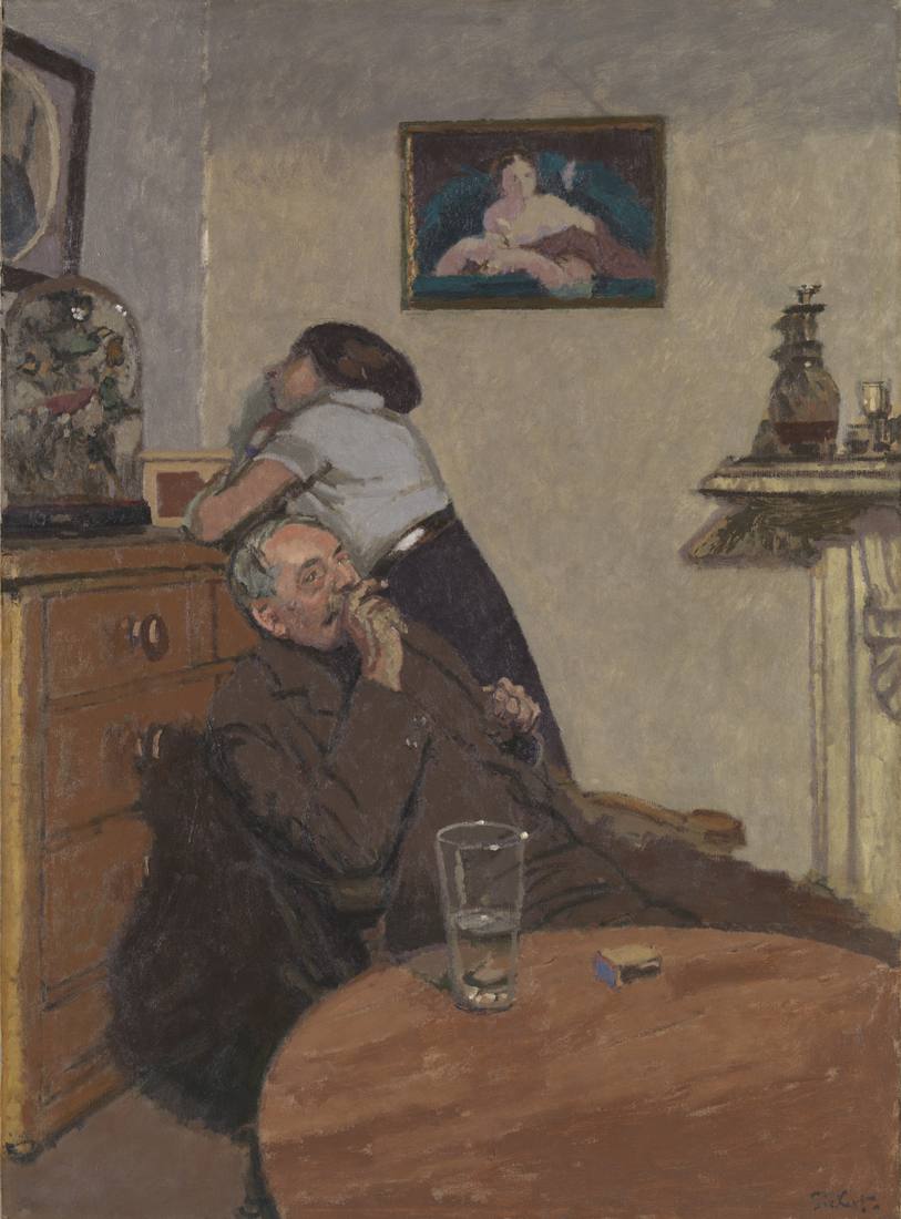 Sickert's Ennui: a man sits slumped with a drink in a dim room while a woman leans on a chest of drawers behind him.