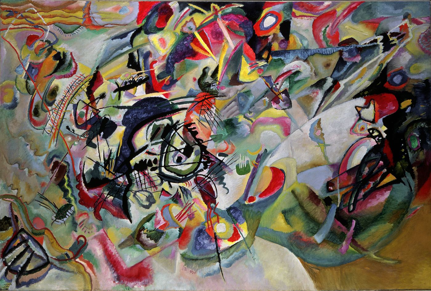 Kandinsky's Composition VII: a dense whirl of black lines and patches of red, blue, yellow and green across a large canvas.