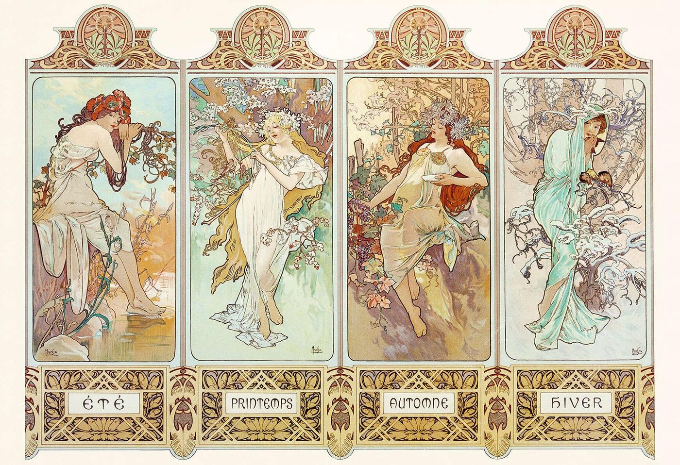 Mucha's The Seasons: four tall panels of young women among flowers and leaves, labelled Été, Printemps, Automne and Hiver, under ornate gold arches.