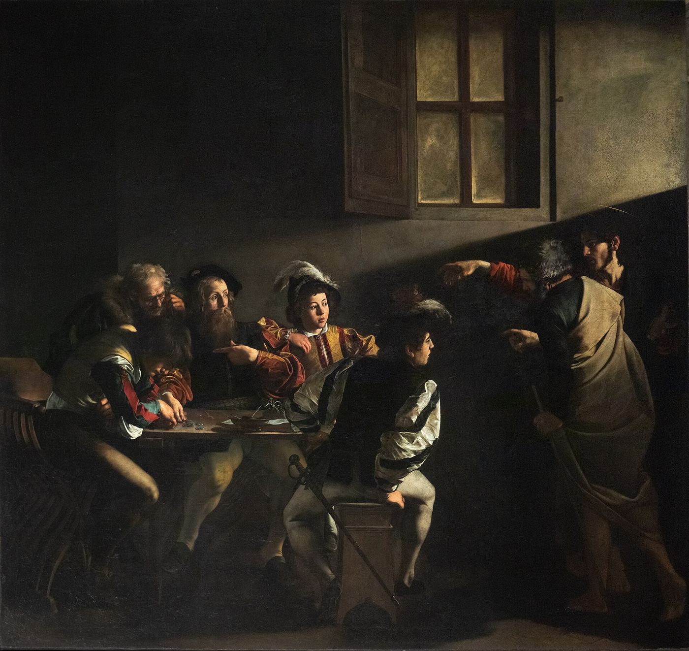 Caravaggio's The Calling of Saint Matthew: a beam of light falls across a dark room onto men counting money at a table as Christ, on the right, points towards Matthew.