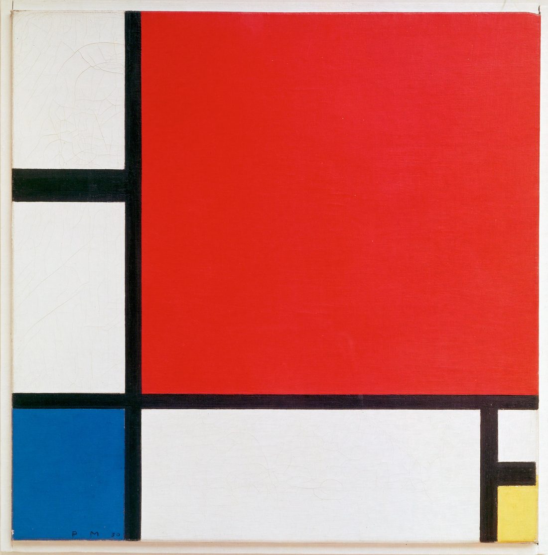 Mondrian's Composition II in Red, Blue and Yellow: a large red square at top right, a small blue square at bottom left and a yellow block at bottom right, divided by thick black lines on white.
