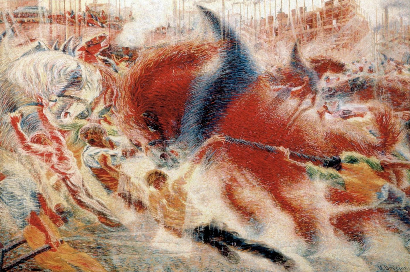 Boccioni's The City Rises: a huge red horse and straining workers dissolve into swirling strokes of red, blue and orange in front of a city building site.