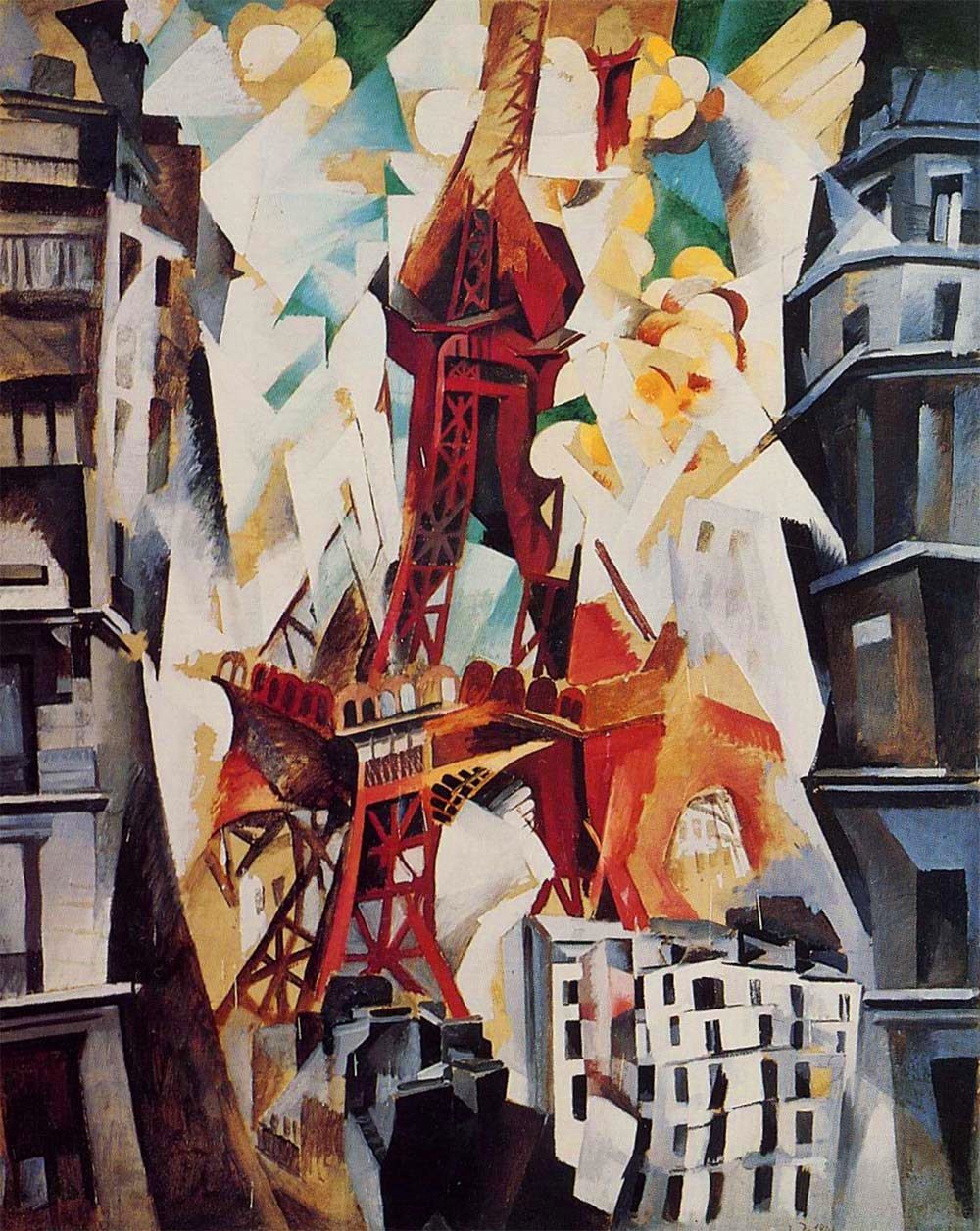 Delaunay's Red Tower: the Eiffel Tower in red, broken into fragments among tilting grey Paris buildings and white clouds.