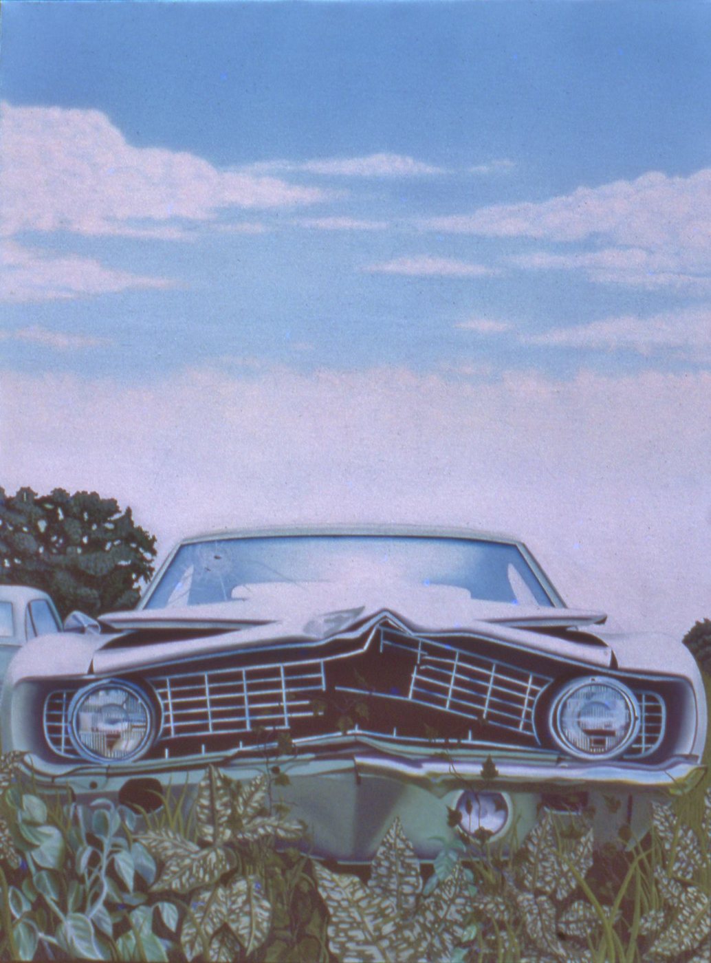 A photorealist painting of a wrecked pale car, its grille crumpled and windscreen cracked, sitting in weeds under a wide blue sky with clouds.