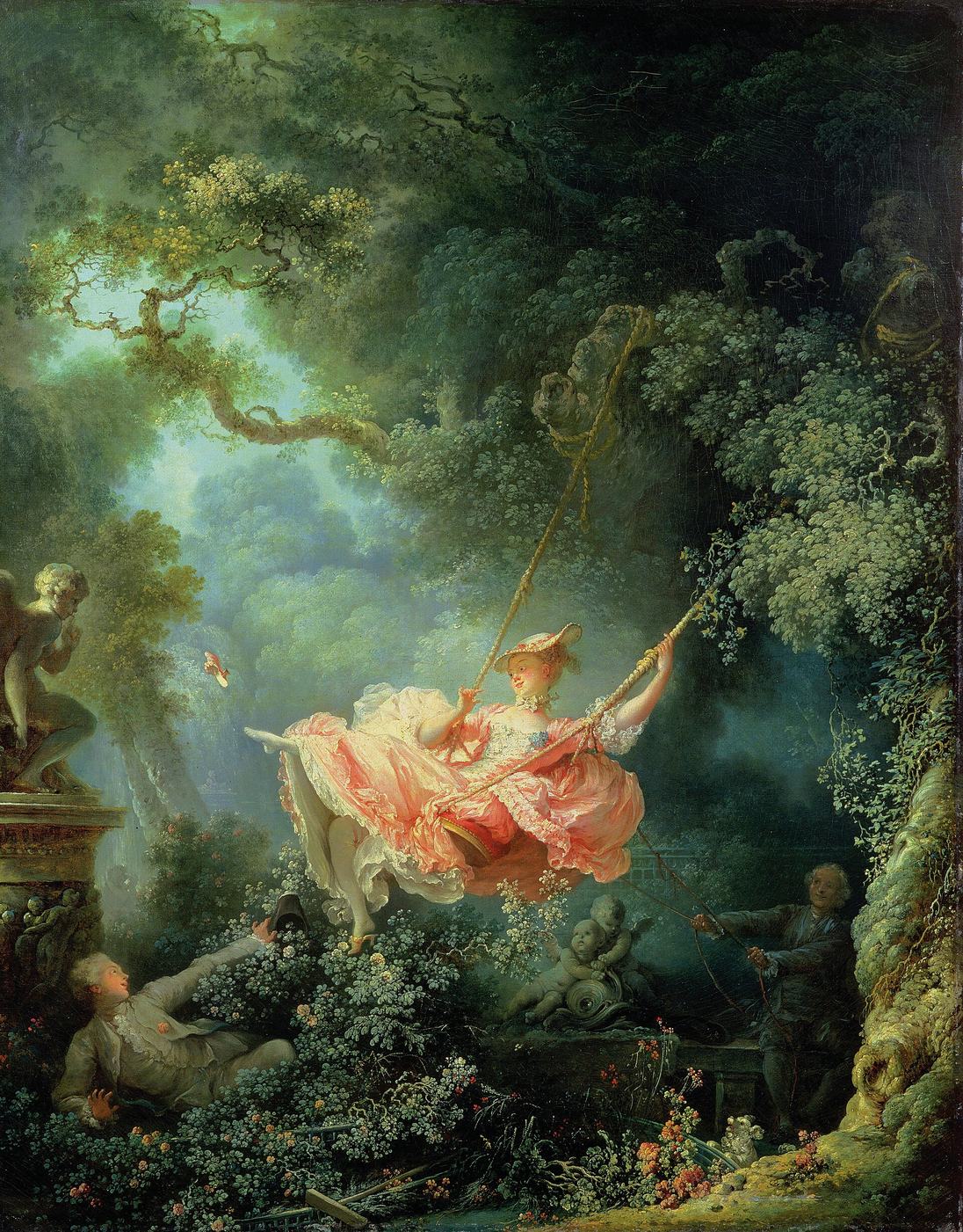 Fragonard's The Swing: a young woman in a billowing pink dress kicks off her shoe as she swings high in a leafy garden, watched by a young man hidden in the bushes below.