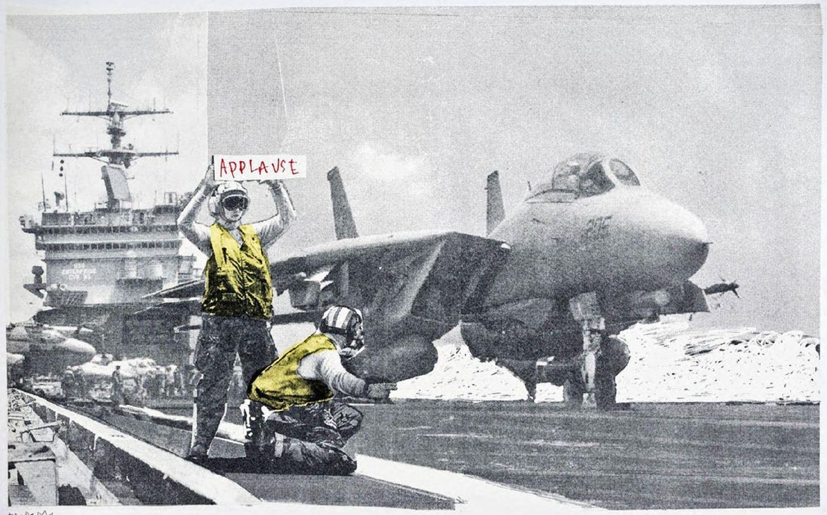 Banksy, Applause, 2006, screenprint: a flight deck crewman holding up an Applause sign beside a fighter jet on an aircraft carrier