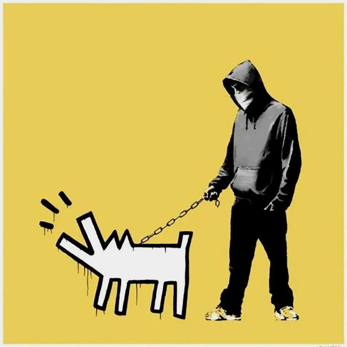 Banksy, Choose Your Weapon, 2010, screenprint: a hooded figure walking a Keith Haring-style barking dog on a chain, on a yellow ground