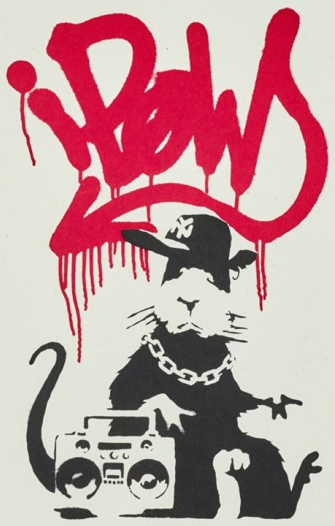 Banksy, Gangsta Rat, 2004, screenprint: a rat in a baseball cap and chain beside a boombox, under a red graffiti tag