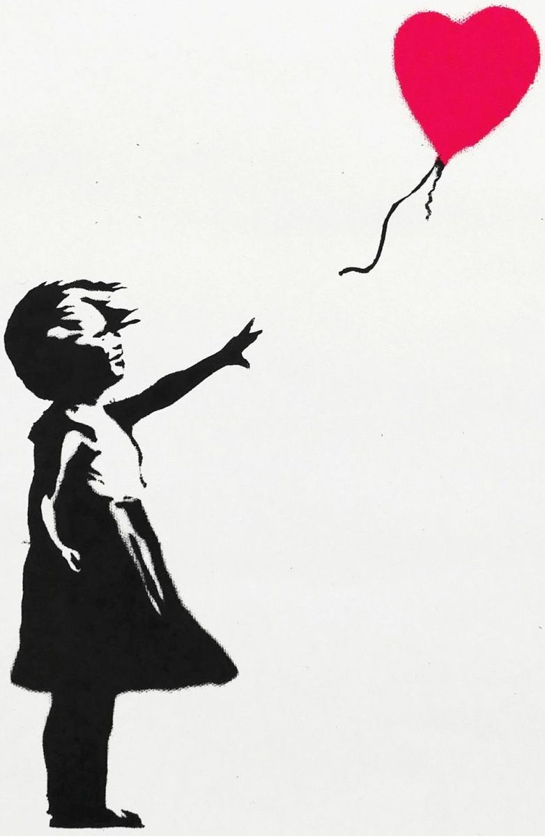 Banksy, Girl with Balloon, 2004, screenprint: a girl in silhouette reaching towards a red heart-shaped balloon