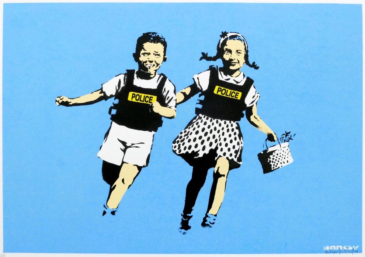 Banksy, Jack and Jill (Police Kids), 2005, screenprint: two children in police vests running hand in hand, on a blue ground