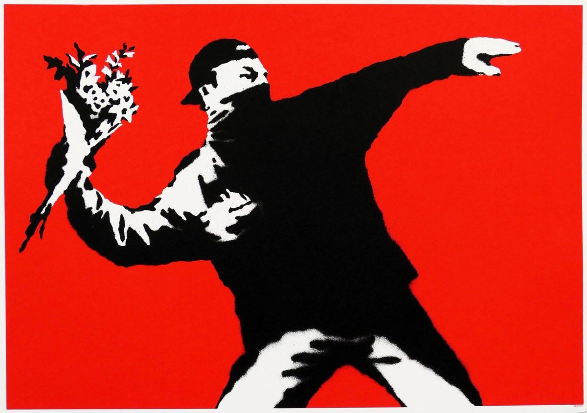 Banksy, Love Is In The Air, 2003, screenprint: a masked rioter throwing a bunch of flowers, in black on a red ground