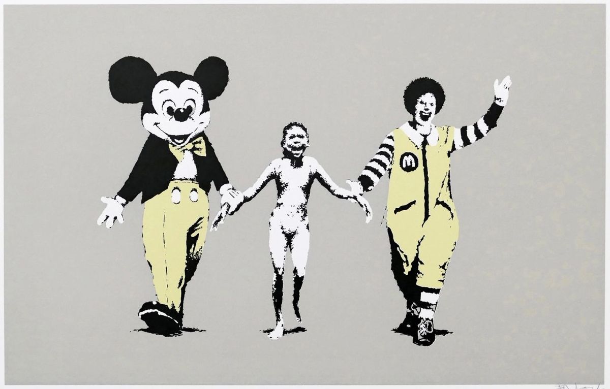 Banksy, Napalm, 2004, screenprint: the girl from the Vietnam War napalm photograph led by Mickey Mouse and Ronald McDonald
