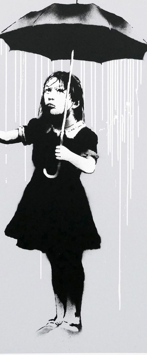 Banksy, Nola, 2008, screenprint: a girl holding an umbrella with the rain falling only beneath it