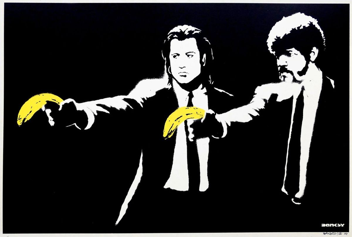 Banksy, Pulp Fiction, 2004, screenprint: the two hitmen from Pulp Fiction pointing bananas instead of guns