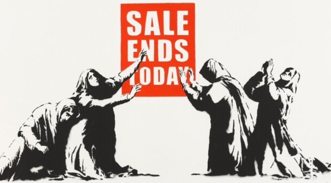 Banksy, Sale Ends, 2006, screenprint: four mourning figures kneeling before a red Sale Ends Today sign