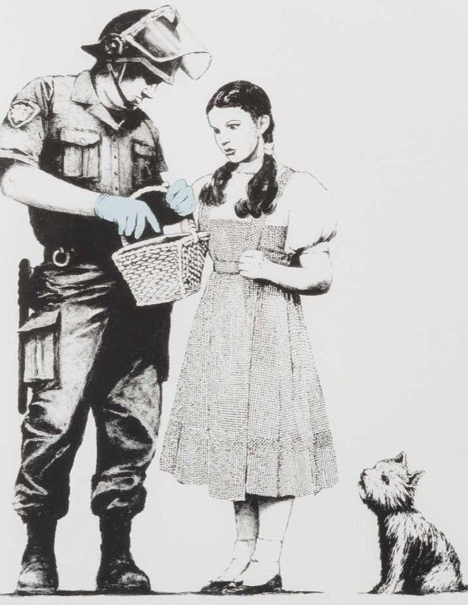 Banksy, Stop and Search, 2007, screenprint: a soldier searching Dorothy's basket from The Wizard of Oz, with Toto at her feet