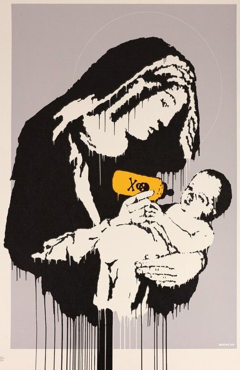 Banksy, Toxic Mary, 2004, screenprint: a Madonna and Child in which the Virgin feeds the infant from a bottle marked with a poison symbol